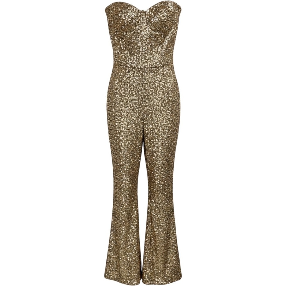 Nadine Merabi Lucinda Gold Sequin Jumpsuit Sweetheart Wide Leg US 6 SM